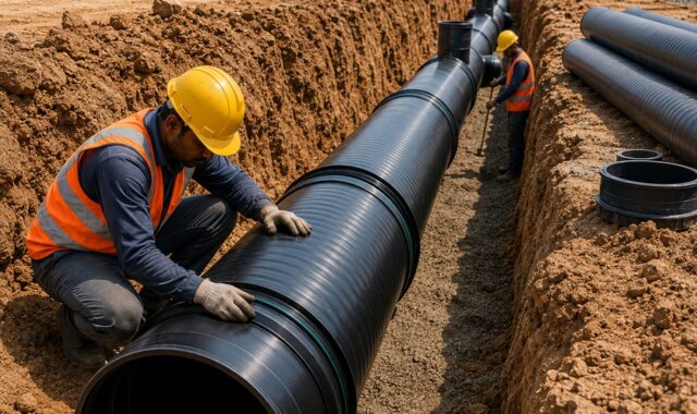 construction, worker, pipe, excavation, construction worker, digging work, infrastructure, excavator, earthwork, industrial, pipe installation, water management, landscaping, sealing, heavy machinery, safety vest, boots, reflective vest