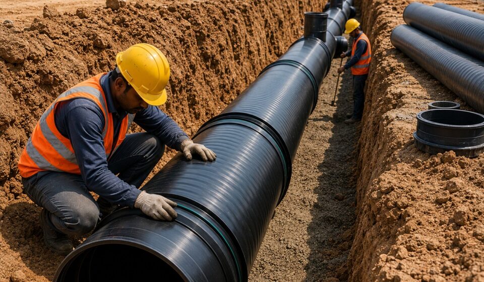 construction, worker, pipe, excavation, construction worker, digging work, infrastructure, excavator, earthwork, industrial, pipe installation, water management, landscaping, sealing, heavy machinery, safety vest, boots, reflective vest