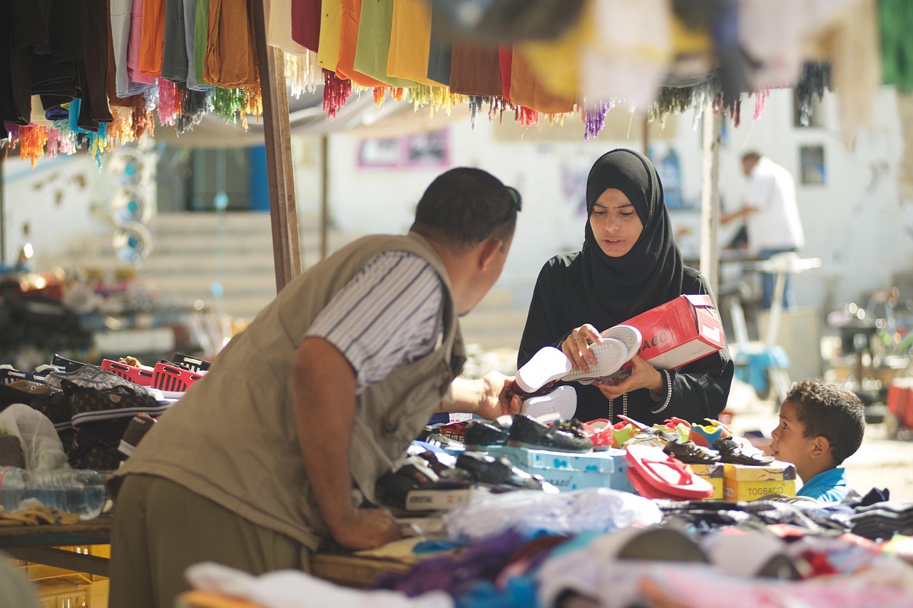 tunisia, market, muslims, man, woman, child, seller, buyer, sneakers, shoes, choose, buy, counter, fabric, tunisia, tunisia, tunisia, tunisia, tunisia