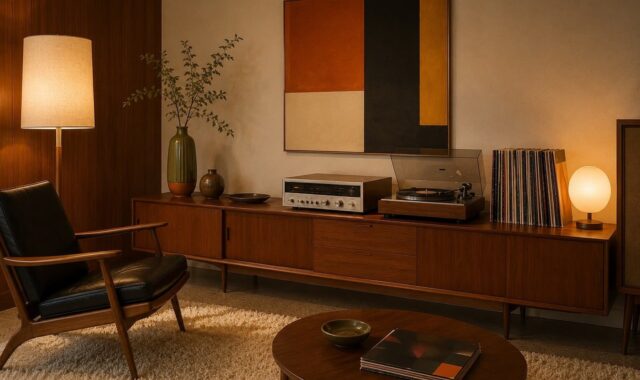 retro, interior, turntable, mid-century modern, wood, furniture, lamp, vinyl, rug, record, art, wall art, vase, lighting, table lamp, nostalgia, decoration, painting