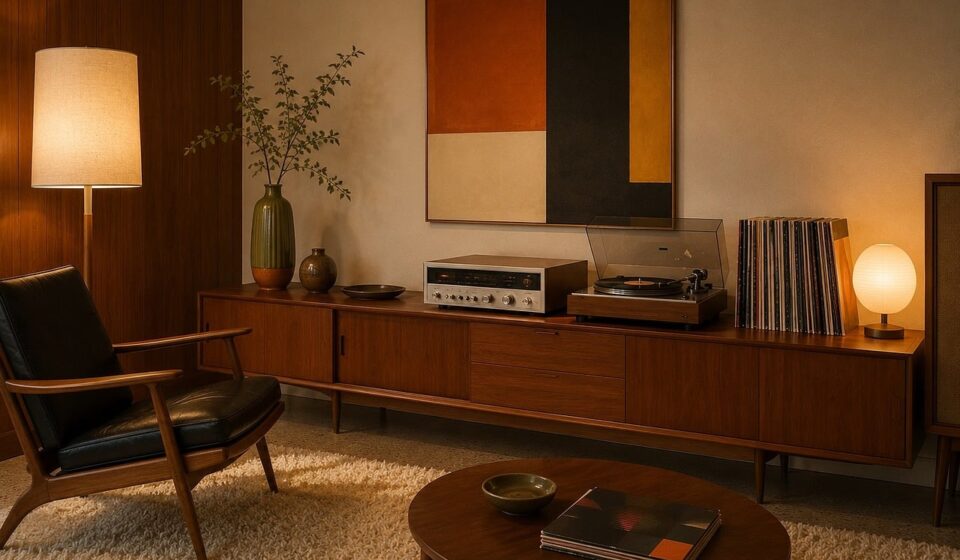 retro, interior, turntable, mid-century modern, wood, furniture, lamp, vinyl, rug, record, art, wall art, vase, lighting, table lamp, nostalgia, decoration, painting