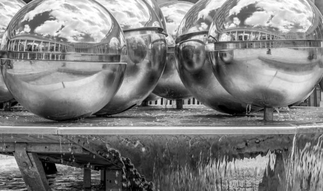balls, metal ball, metal, fountain, reflection, architecture, decoration, water feature, black-and-white, metal, metal, metal, metal, metal, architecture, architecture, black-and-white