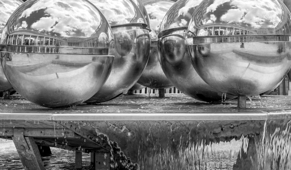 balls, metal ball, metal, fountain, reflection, architecture, decoration, water feature, black-and-white, metal, metal, metal, metal, metal, architecture, architecture, black-and-white