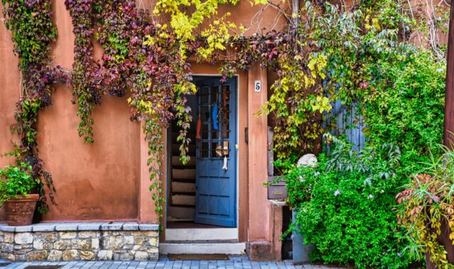 door, building, vegetation, facade, house, town, street, building, house, house, house, house, house