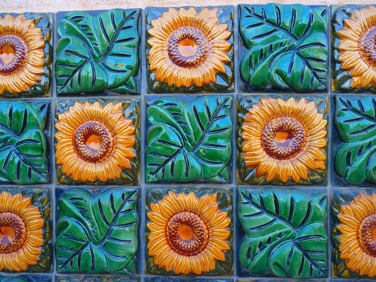 sunflowers, tile, tiles, ceramic, green, yellow, decorative