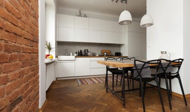 apartment, wall of bricks, table, brick, design, architecture, atmosphere, kitchen, parquet, light, dining room, modern furniture, kitchen furniture, parquet, parquet, parquet, parquet, dining room, dining room, dining room, dining room, dining room, kitchen furniture