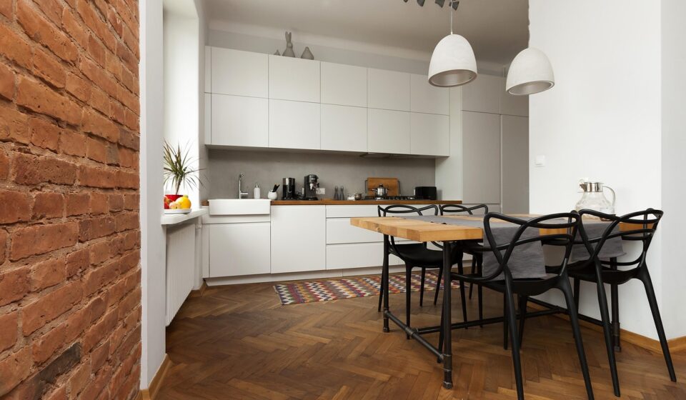 apartment, wall of bricks, table, brick, design, architecture, atmosphere, kitchen, parquet, light, dining room, modern furniture, kitchen furniture, parquet, parquet, parquet, parquet, dining room, dining room, dining room, dining room, dining room, kitchen furniture