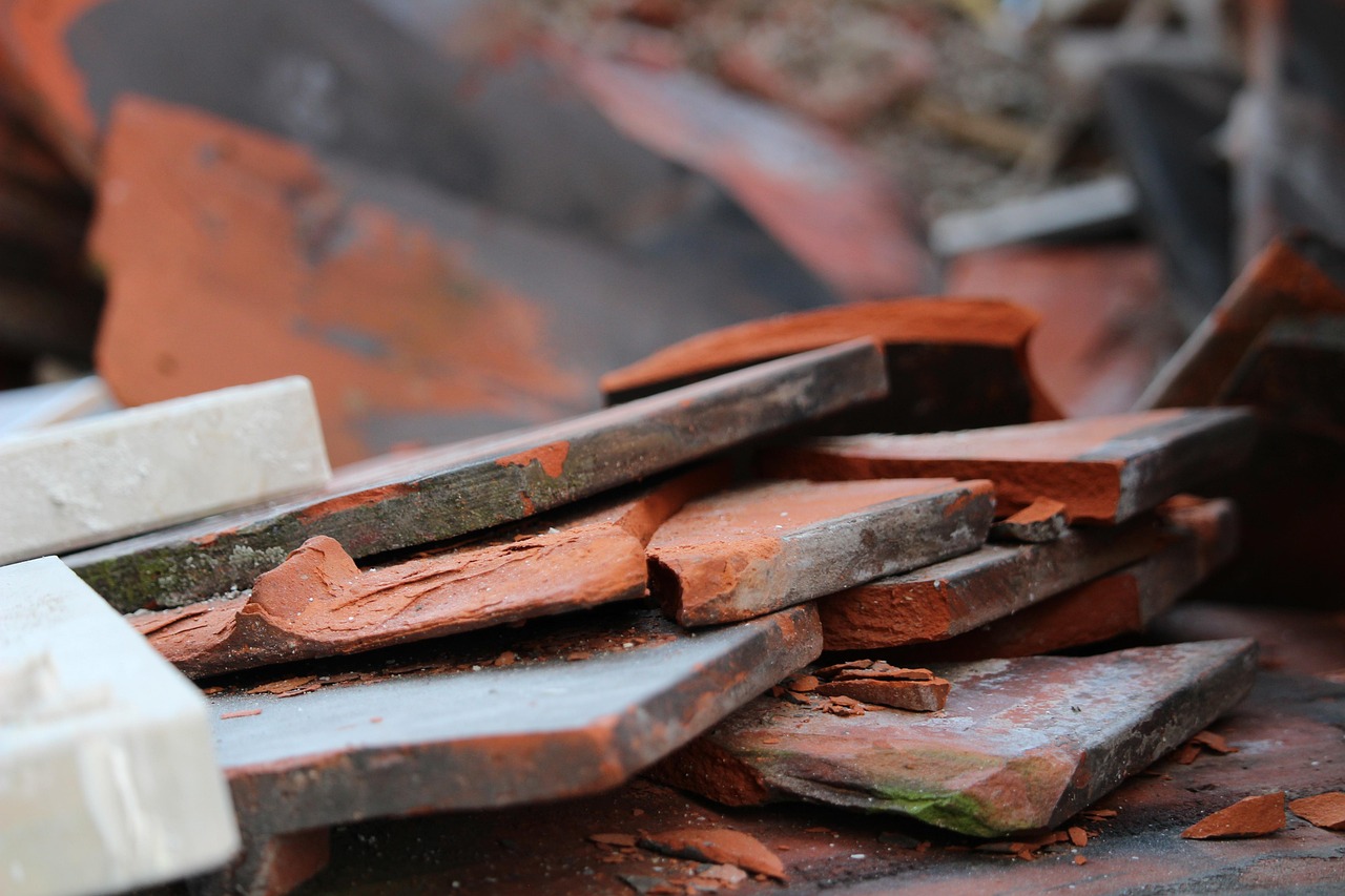 building rubble, brick, roof tiles, orange, construction material, gray, building, recycling