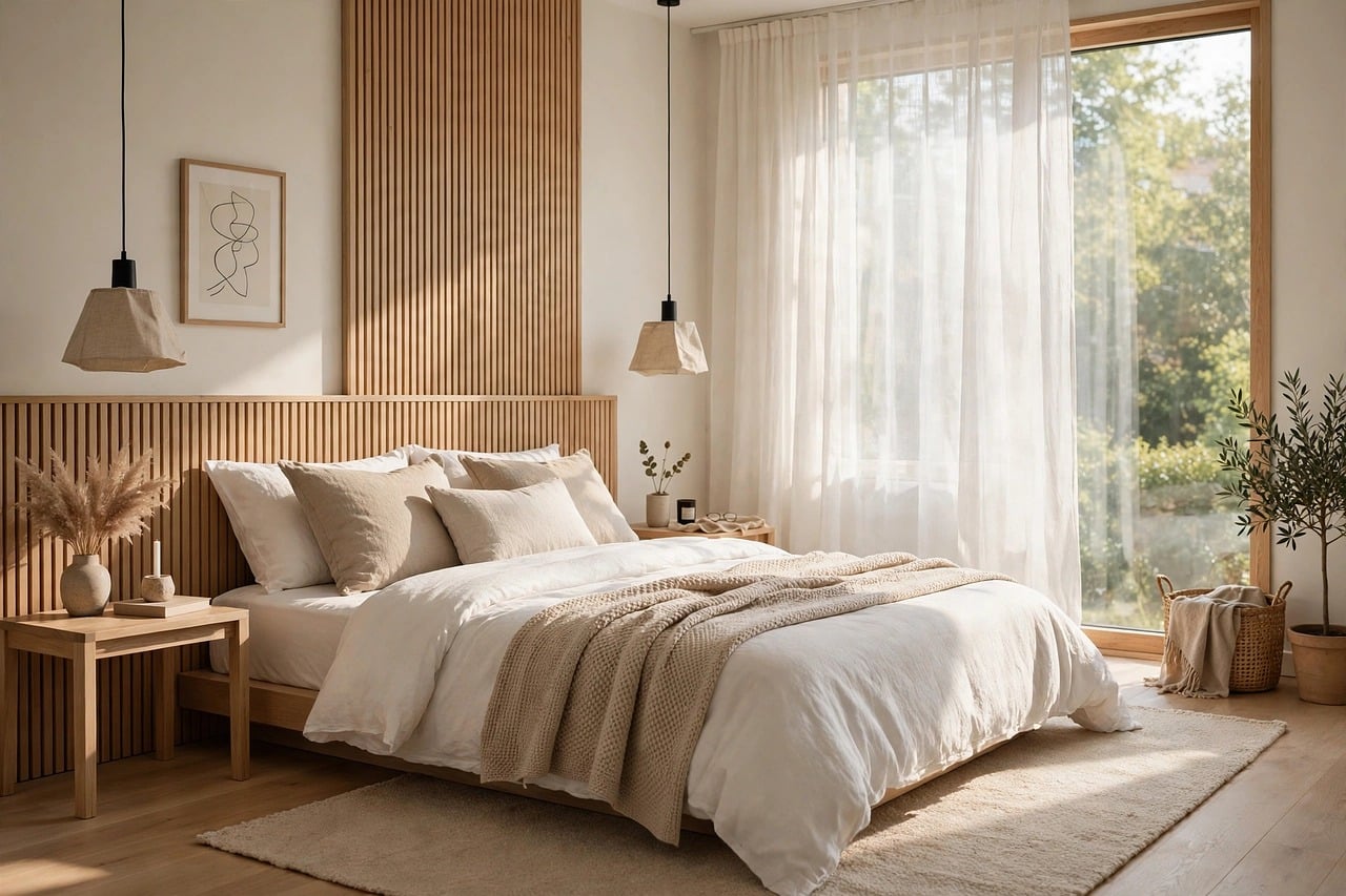 bedroom, design, interior, home, furniture, bed, scandinavian, modern, room, apartment, decor, contemporary, style, light, stylish, wood, wall, bedding, blanket, decoration