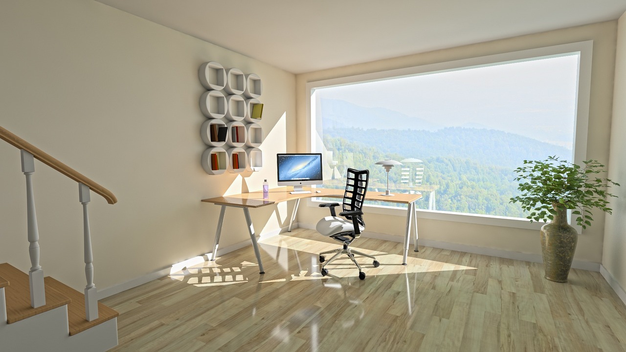 home office, interior, room, modern, architecture, home, furniture, design, table, floor, luxury, view, mountains, big window, window, work, office, relax, futuristic, chair, lamp, space, empty, wall, decor, working, parquet, hi-tech, tranquility, calm, quiet, hills, woods, forest, sunshine, nature, sunbeam, indoor, sunlight, light, 3d, clean, flooring, room-interior