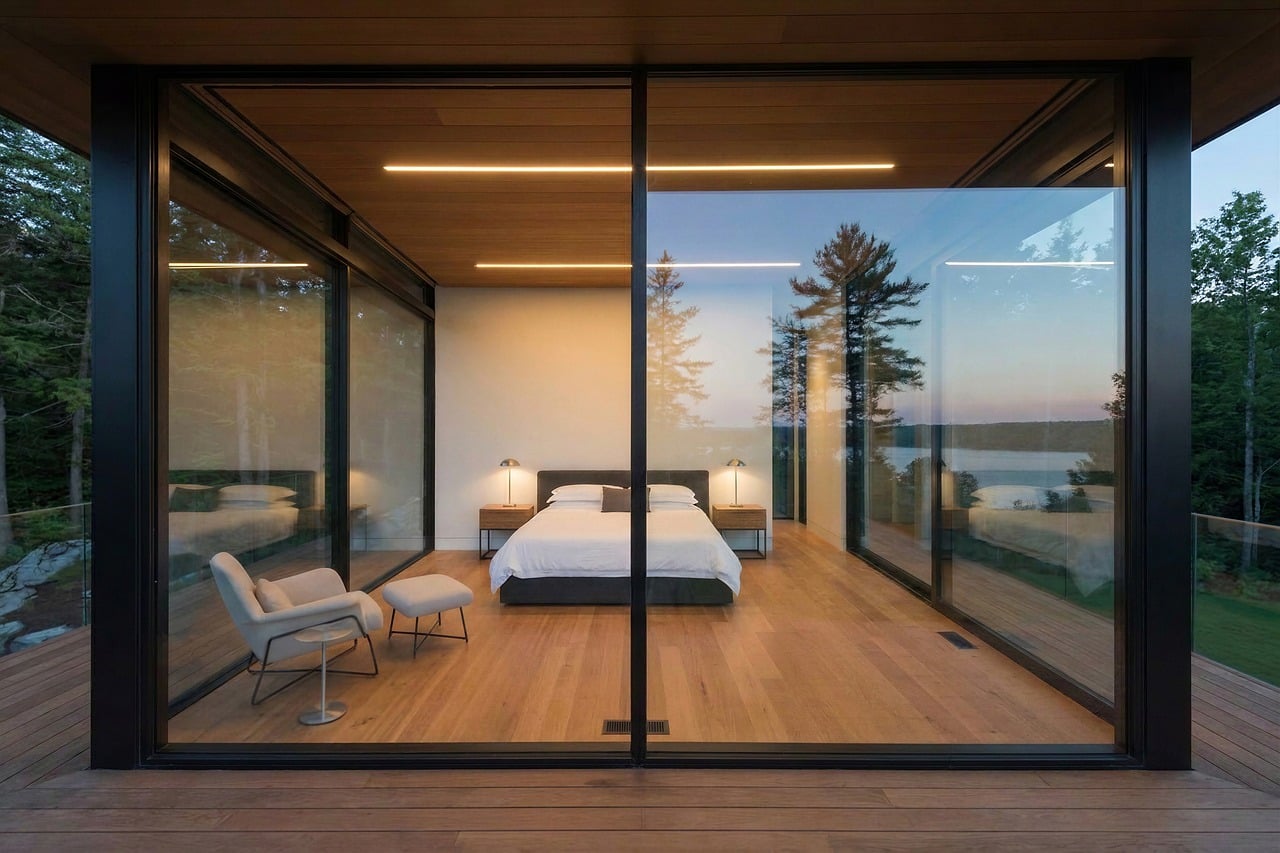 modern, architecture, glass walls, pavilion, bedroom, bed, furniture, wooden floor, view, lighting, privacy, luxury, natural setting, panorama, glass, nature, relaxation, room, interior, comfort
