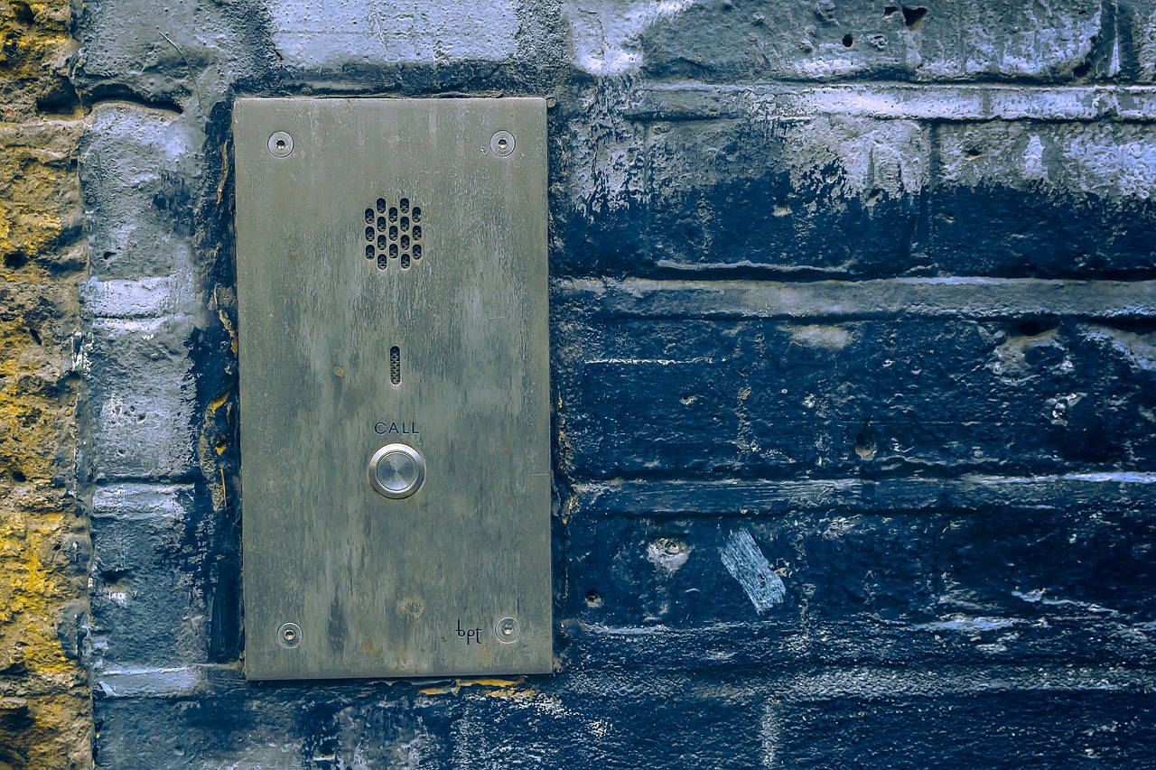wall, call, voice, door, house, safety, blue wall, blue door, blue safety